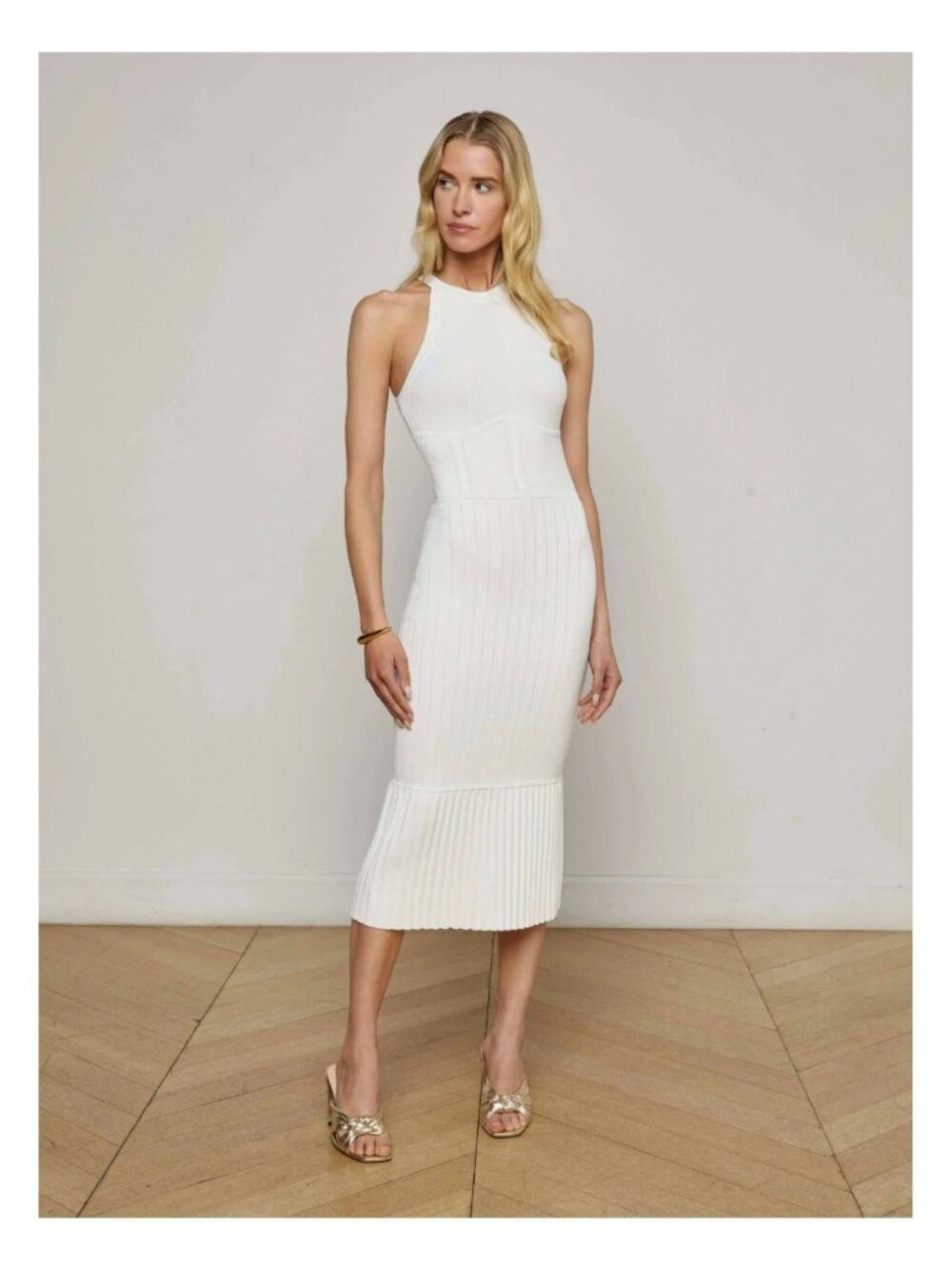 L'AGENCE Kimi Pleat Hem Midi Dress Ivory XS